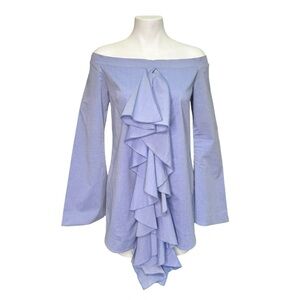 Ellery Blue Off the Shoulder Button Down Front Ruffle Bell Sleeve Blouse Size 4